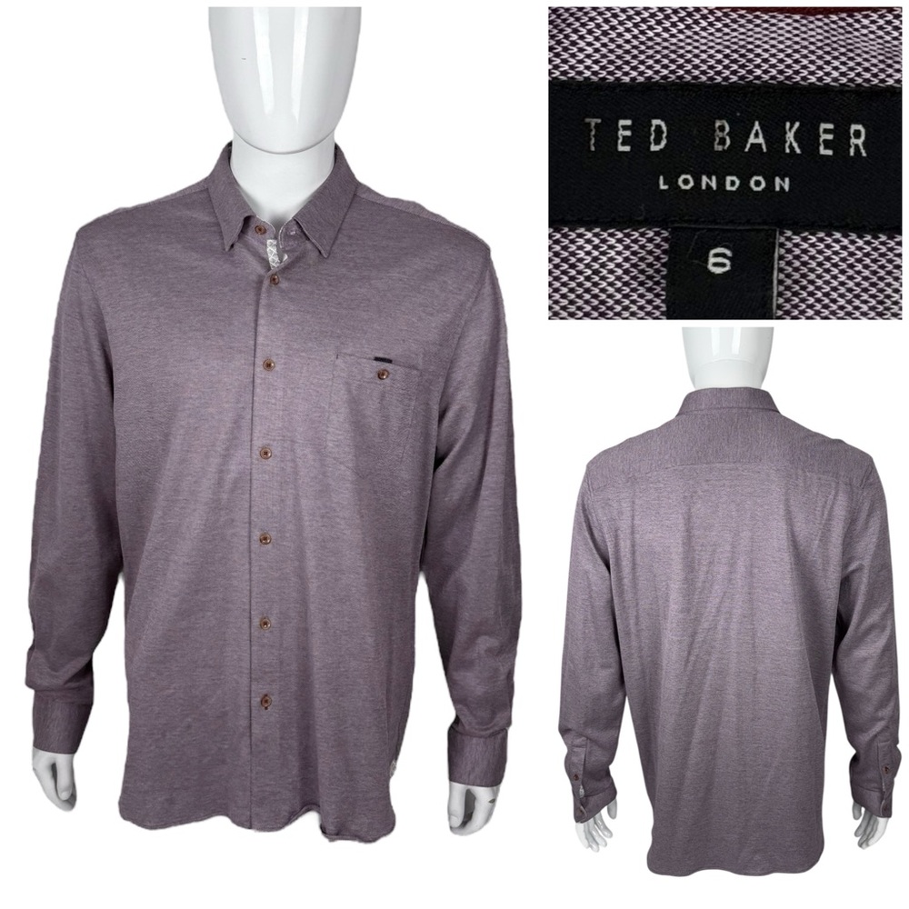 Ted Baker Mens 6 - 2XL ? Shirt Button Front Purple White 100% Cotton Knit EUC